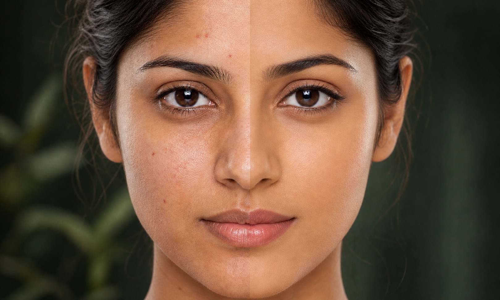 Before and after skincare result showing textured skin and clearer glowing skin
